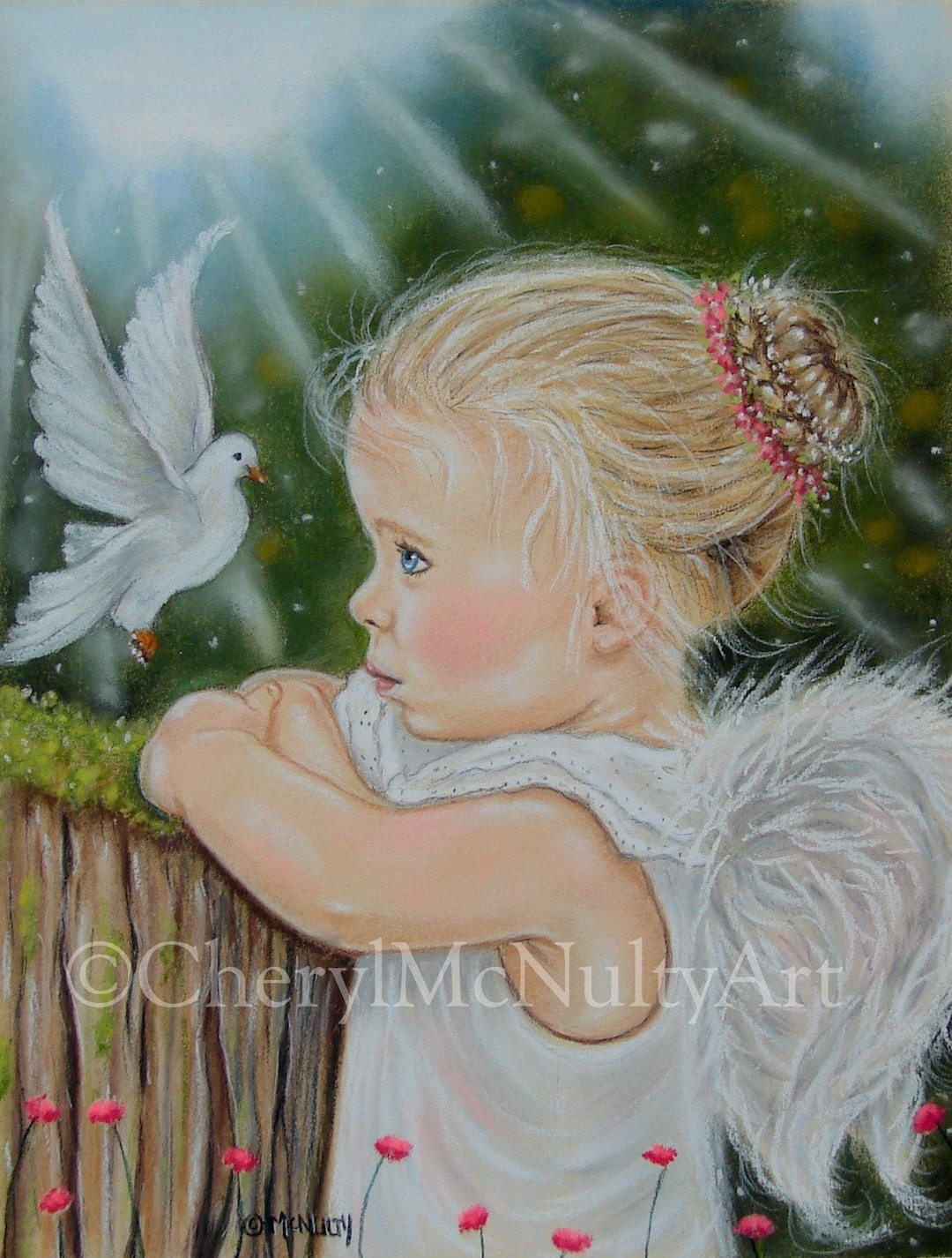 Little Angel Girl With Dove Print of Pastel Portrait Painting ...