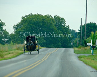 Amish Photographic Print "Early Morning Run" Amish Buggy With Lights At Dawn Amish Country Simple Living Wall Decor