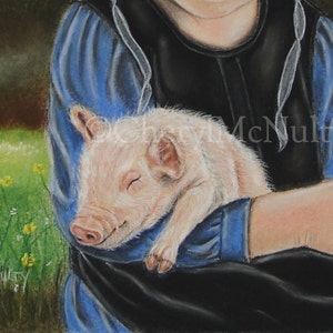 Amish Print of Pastel Painting Eva and the Piglet Amish Farm Animal Country Simple Life Wall Decor image 6