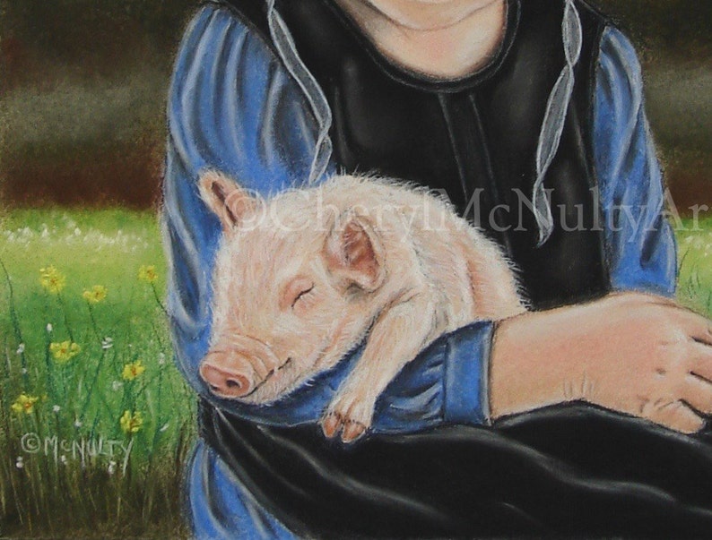 Amish Print of Pastel Painting Eva and the Piglet Amish Farm Animal Country Simple Life Wall Decor image 6