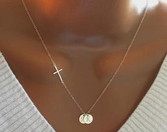 Mothers Necklace, Grandma Gift, Personalized Sideway Cross And Initial Discs Necklace, Custom Initial Discs