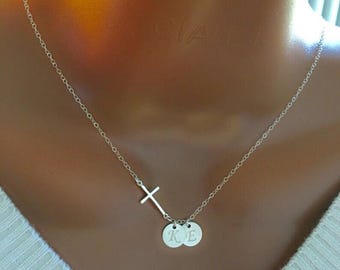 Mother Daughter Necklace, Personalized Sideway Cross And Initial Discs Necklace, Birthday Gift, Family Necklace, Christmas Gift