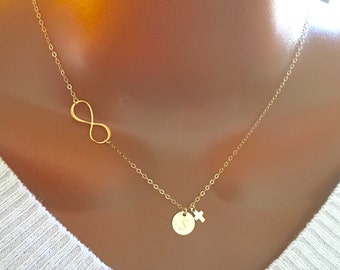 BIG SALE! Mother’s Day Gift, Personalized Necklace With Infinity, Tiny Cross And Initial Discs Charm, Personalized Initial Discs