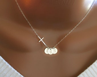 BIG SALE! Mother’s Day Gift, Personalized Sterling Silver Sideway Cross And Initial Discs Necklace, Custom Initial Discs