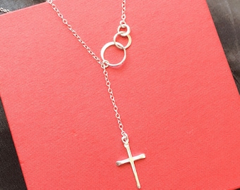 BIG SALE! Mother’s Day Gift, Family Necklace, Christmas Gift, Sterling Silver Three Circle And Cross Lariat Necklace, Custom Jewelry