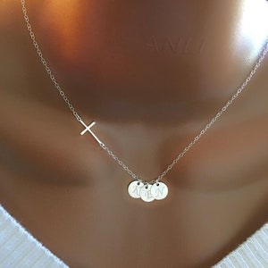 BIG SALE! Mother’s Day Gift, Personalized Sideway Cross And Initial Discs Necklace, Custom Initial Discs, Personalized Gifts