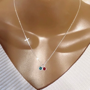 Mothers Necklace, Grandma Gift, Personalized Sideway Cross And Initial Discs Necklace, Custom Initial Discs & Swarovski Birthstones image 2
