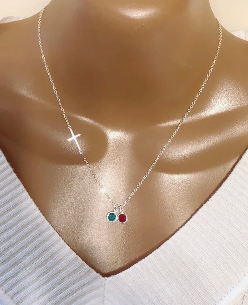 Mothers Necklace, Grandma Gift, Personalized Sideway Cross And Initial Discs Necklace, Custom Initial Discs & Swarovski Birthstones image 2