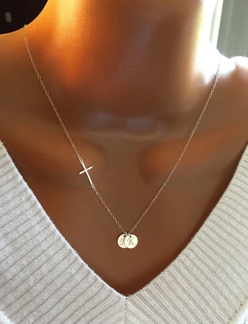 Mothers Necklace, Grandma Gift, Personalized Sideway Cross And Initial Discs Necklace, Custom Initial Discs & Swarovski Birthstones image 1