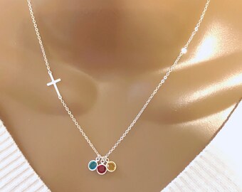 Mother’s Day Gift, Personalized Sideway Cross And Swarovski Birthstones Necklace, Mother daughter gift, Grandma Gift, Birthday Gift