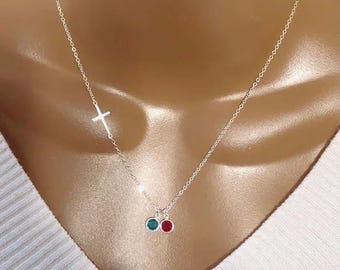 Mother’s Day Gift, Personalized Sideway Cross And Swarovski Birthstones Necklace, Custom Swarovski Birthstones, Birthday Gift