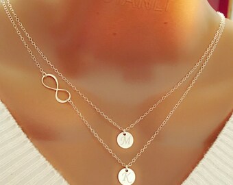 BIG SALE! Mother’s Day Gift, Personalized Layered Infinity And Initial Discs Necklace, Personalized Initial Discs, Gift For Mom