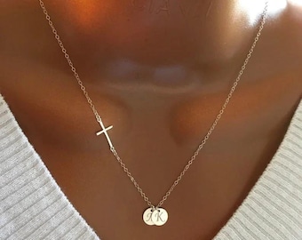 Gift For Mom, Grandma Gift, Personalized Sideway Cross And Initial Discs Necklace, Custom Initial Discs, Christmas Gift, Birthday Gift