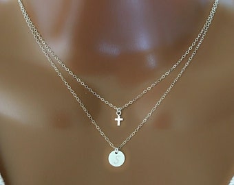 BIG SALE! Mother’s Day Gift, Personalized Layered Tiny Cross And Initial Discs Necklace, Personalized Initial Discs, Mom Gift, Birthday Gift