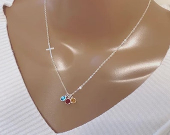 Gif For Mom, Grandma Gift, Personalized Sideway Cross And Swarovski Birthstones Necklace, Custom Swarovski Birthstones, Birthday Gift
