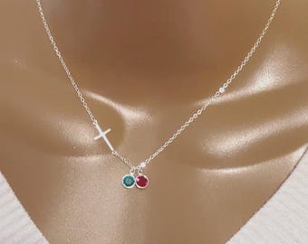 Gift for Mom, Mother Gift, Personalized Sideway Cross And Swarovski Birthstone Necklace,Mother Daughter Gift, Birthday Gift
