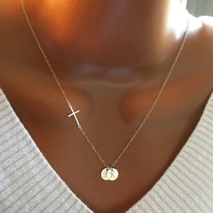 Mother’s Day Gift, Personalized Sideway Cross And Initial Discs Necklace, Custom Initial Discs & Swarovski Birthstones, Grandma Gift