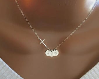 Christmas Gift, Birthday Gift, Personalized Sideway Cross And Initial Discs Necklace, Custom Initial Discs, Gift For Her