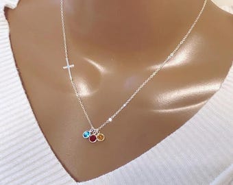 BIG SALE! Mother’s Day Gift, Personalized Sideway Cross And Swarovski Birthstones Necklace, Custom Swarovski Birthstones