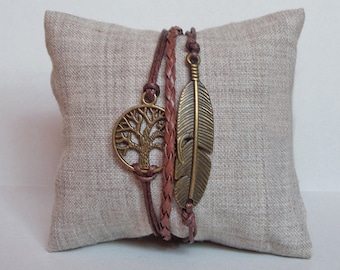 Feather and tree of life bracelet with bronze or silver charms and decorative braided cord