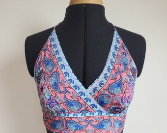 Gorgeous colourful halter neck crop top blue pink boho festival party floral paisley open back summer holiday