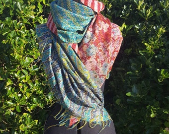 beautiful pure silk kantha shawl scarf wrap indian boho embroidery ethnic colourful green blue red pink turquoise