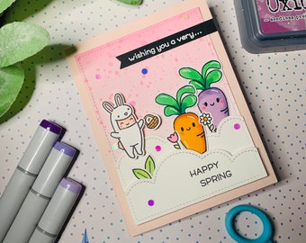 Happy spring bunny costume with carrots card