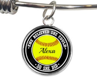 Custom Softball  Bracelet, Personalized, Team Gift, Adjustable Bangle, She believed she could, Gift, Sports Jewelry, Softball Mom, Player