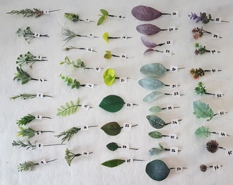 May include: A collection of forty-six individual artificial botanical stems, including various green leaves, succulents, and textured foliage. Each stem is labeled with a small white paper tag numbered from 1 to 46, arranged in a grid pattern.