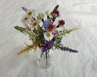 Pretty little vase of artificial wild flowers Floral arrangement Pink White Purple Green Faux flowers Small gift Natural country style