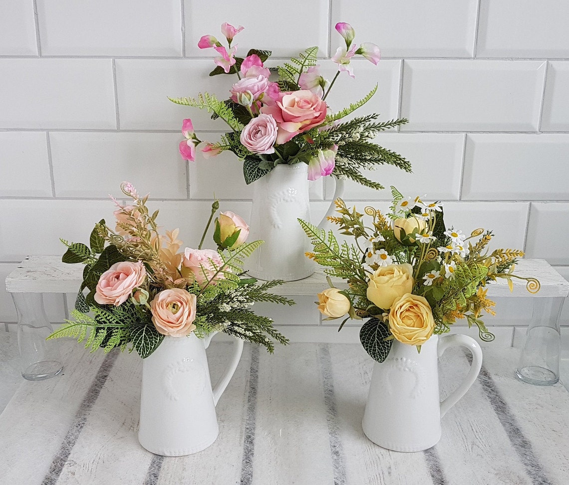 Pretty Vase of Artificial Flowers in Small White Ceramic Jug Etsy UK
