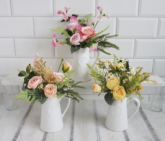 Pretty Vase of Artificial Flowers in Small White Ceramic Jug Floral  Arrangement Pink Peach Yellow Green Faux Flowers Country Style Pastel 