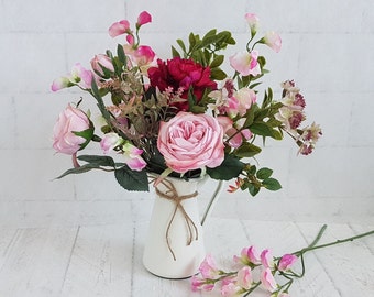 Pink bouquet of flowers in jug vase Floral arrangement Cream jug faux floral Sweet peas dark & pale pink Roses Pretty Summer Country cottage