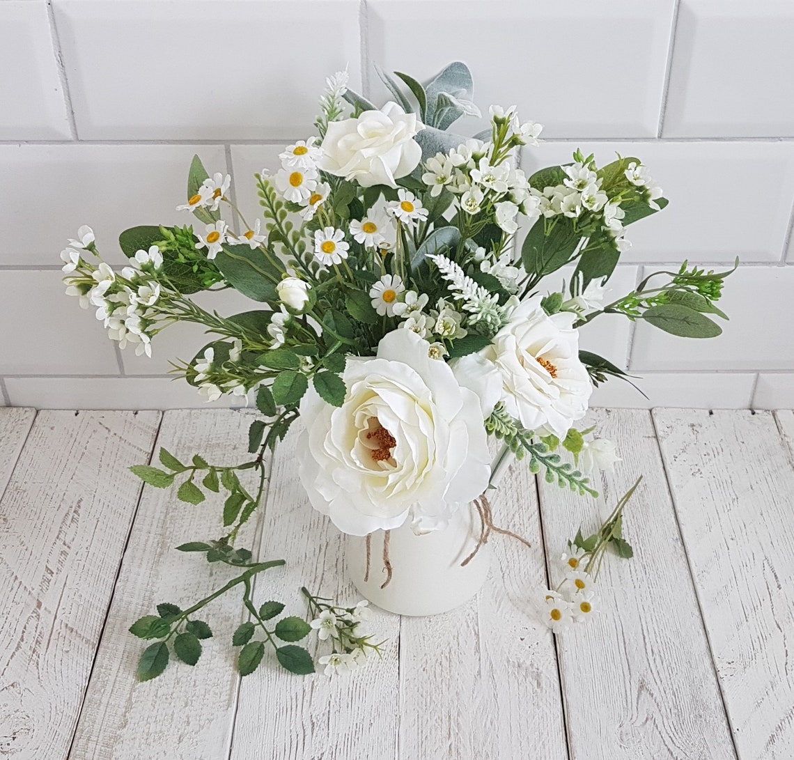 White flowers in vase Artificial flower arrangement Cream jug Etsy