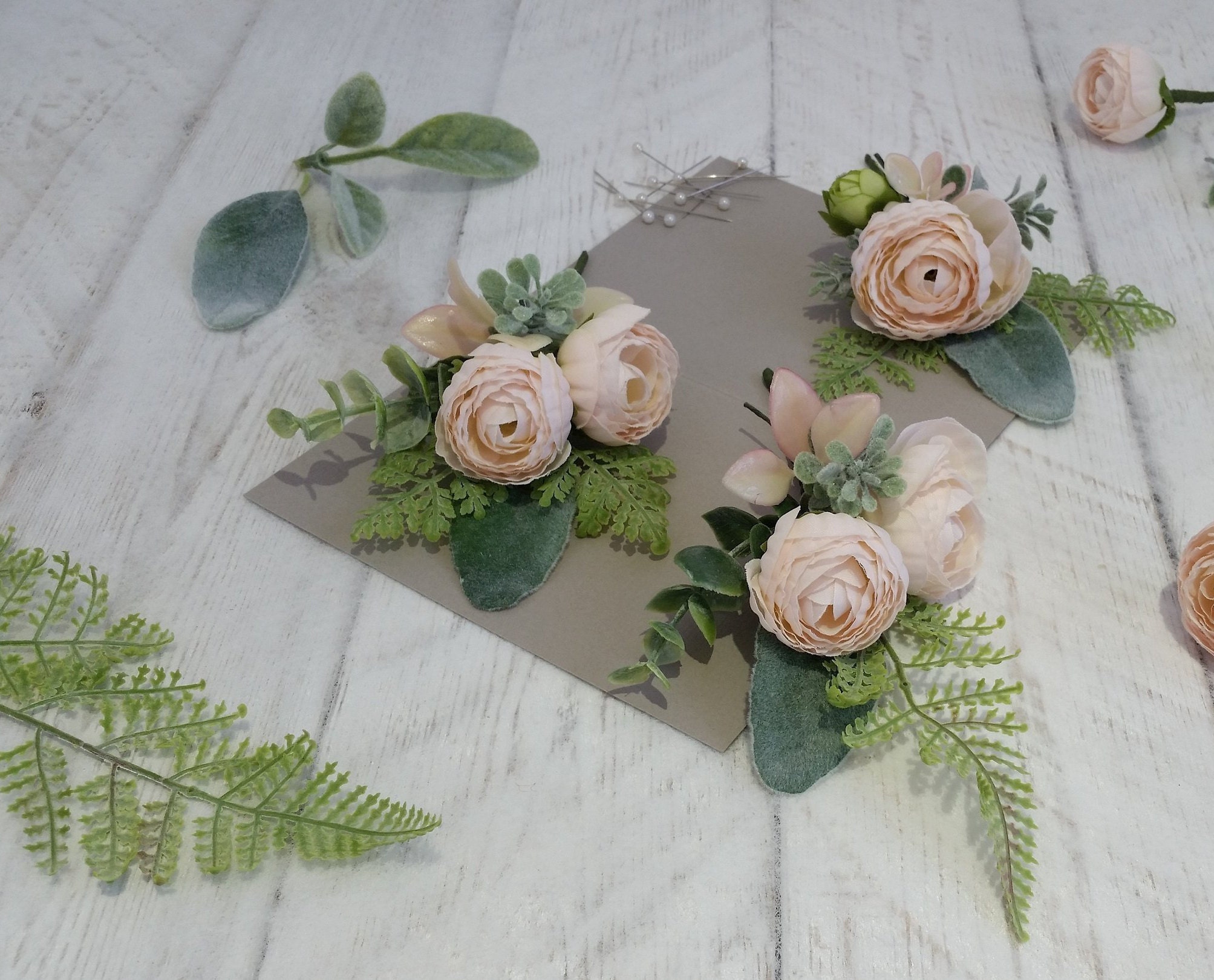 Blush Pink Boutonniere Apricot Boutonnieres Fern Buttonholes Pale
