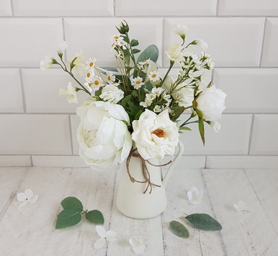 White Flowers in Vase Artificial Flower Arrangement Cream Jug - Etsy UK