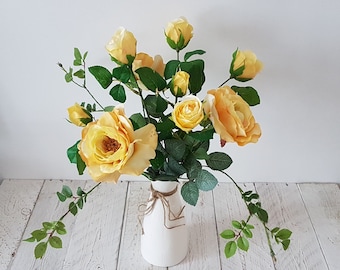 Yellow roses in white ceramic vase Medium Artificial flowers in vase Faux yellow flowers in white vase Rose decoration Floral arrangement