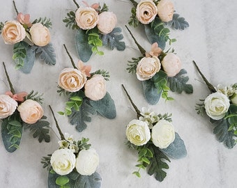 White grey buttonholes Silk flower corsage Pretty peony ranunculus Groomsmen Lapel pin Wedding Blush buttonhole Best man flowers Beautiful