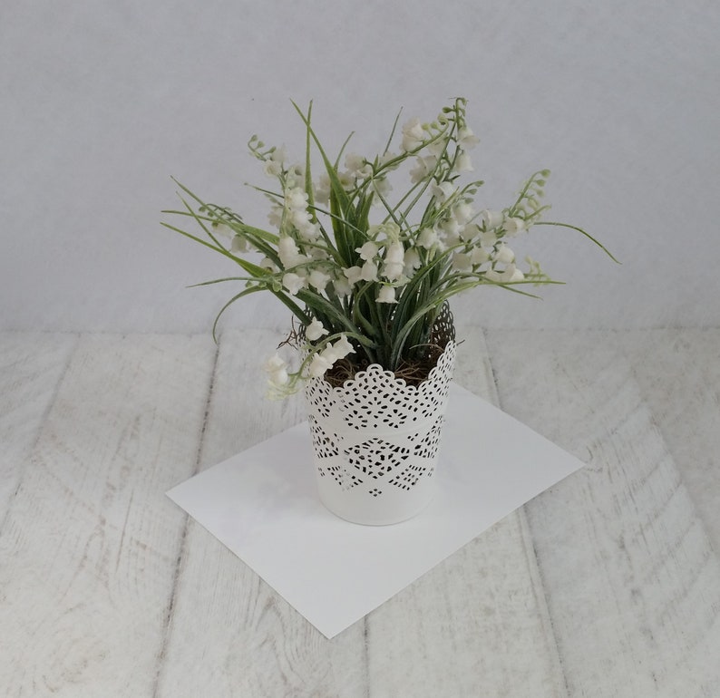 Artificial lily of the valley plants delicate pretty white lace pot Realistic faux white silk houseplant Indoor planter Gifts for her
