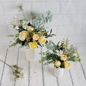 Yellow Rose & Daisy Bouquet in White Ceramic Vase, Faux Floral image 2