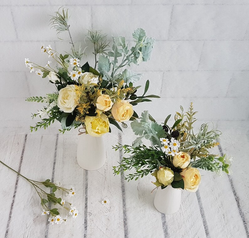 Yellow Rose & Daisy Bouquet in White Ceramic Vase, Faux Floral image 2