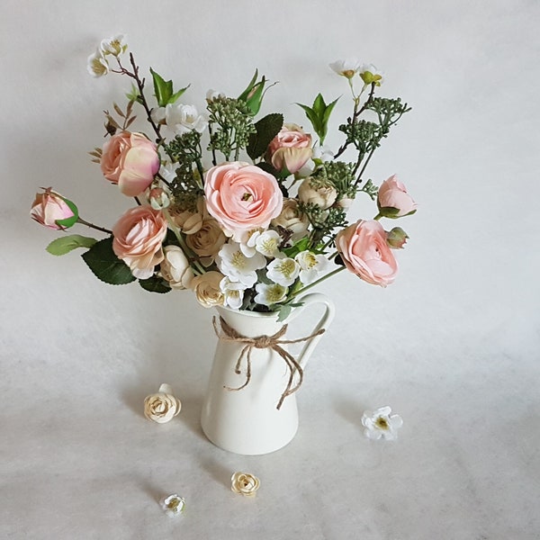 Artificial peach white bouquet of flowers in vase Apricot floral arrangement Cream jug faux roses ranunculus blossom Pretty Country cottage
