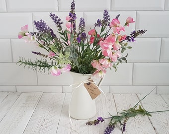 Pretty faux flowers in vase Cream jug Pink artificial bouquet Sweet peas Lavender Floral arrangement Gift for her Spring flowers Metal jug