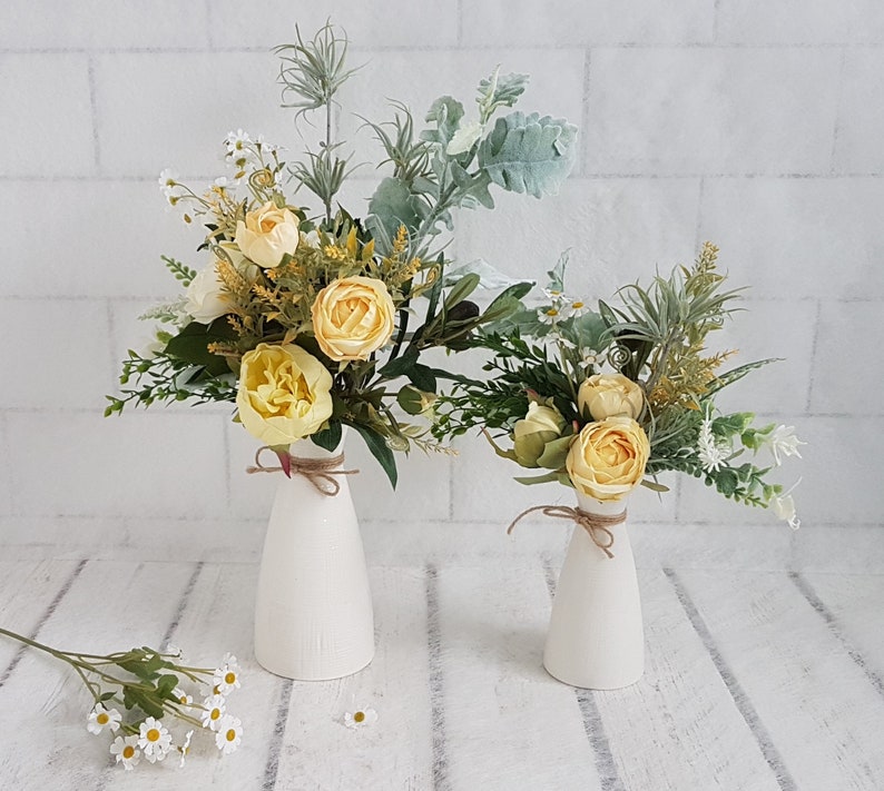 Yellow Rose & Daisy Bouquet in White Ceramic Vase, Faux Floral image 4