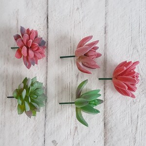 May include: Five artificial succulent plants with green and pink leaves. The plants are on a white wooden background.