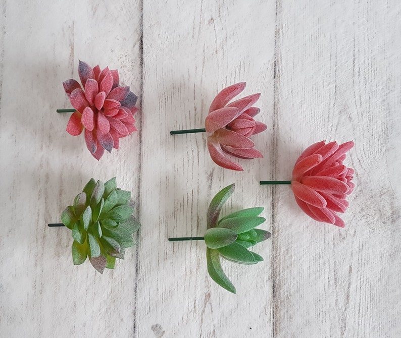May include: Five artificial succulent plants with green and pink leaves. The plants are on a white wooden background.