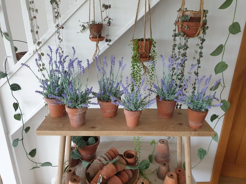 Artificial lavender plant in genuine vintage terracotta pot: Faux Purple Plant, Indoor Décor image 2
