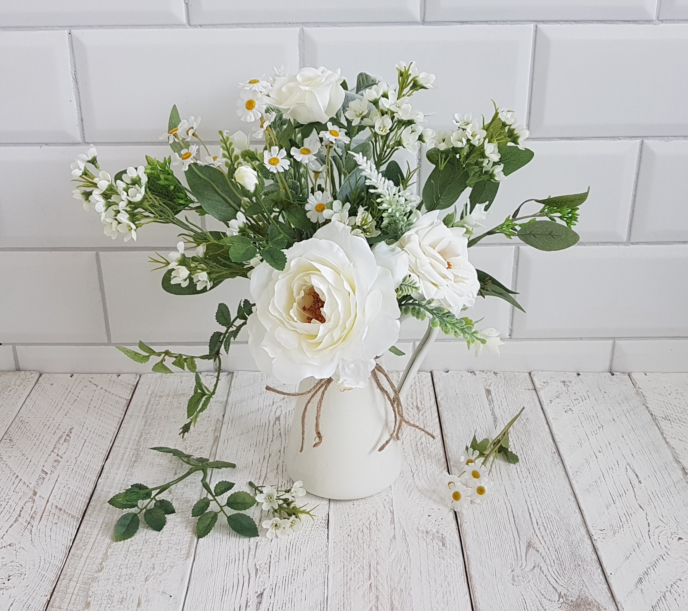 White Flowers in Vase Artificial Flower Arrangement Cream Jug