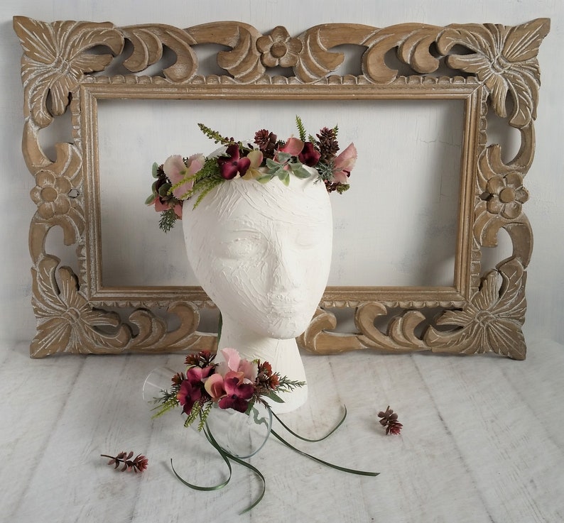 Pink and grey flower crown Woodland flower crown Pretty plum flower crown Bridal flower crown Bohemian headband Wedding floral crown Blush image 3