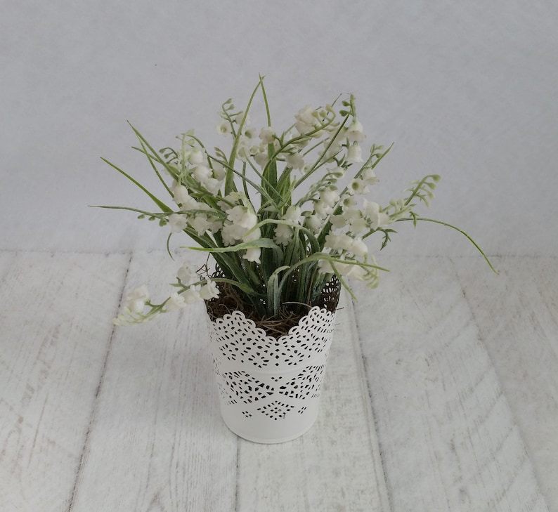 Artificial lily of the valley plants delicate pretty white lace pot Realistic faux white silk houseplant Indoor planter Gifts for her
